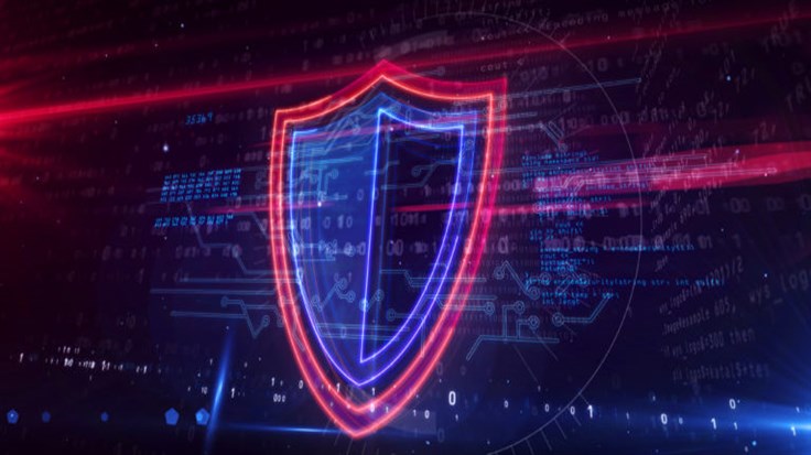 Cyber security concept with shield symbol, privacy protection and computer safety icon. Futuristic abstract 3d rendering illustration.
