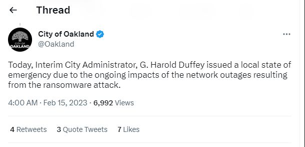 Tweet by the City of Oakland declaring a state of emergency due to the impact of the attack