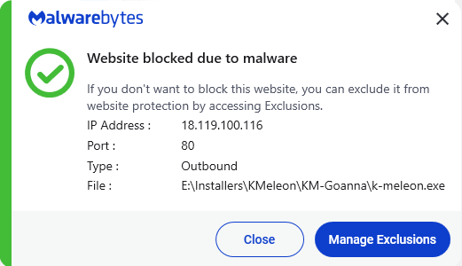 Malwarebytes blocks 18.119.100.116