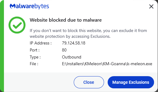 Malwarebytes blocks 79.124.58.18