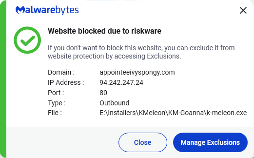 Malwarebytes blocks appointeeivyspongy.com
