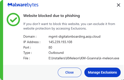 Malwarebytes blocks mgmt-digitalonboarding.asip.cloud