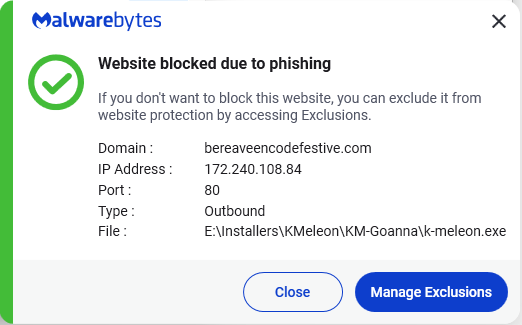 Malwarebytes blocks bereaveencodefestive.com