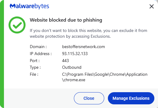 Malwarebytes blocks bestoffersnetwork.com