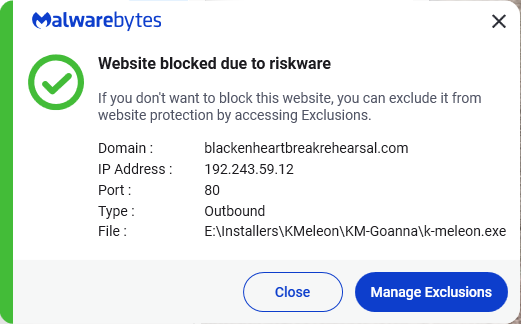 Malwarebytes blocks blackenheartbreakrehearsal.com