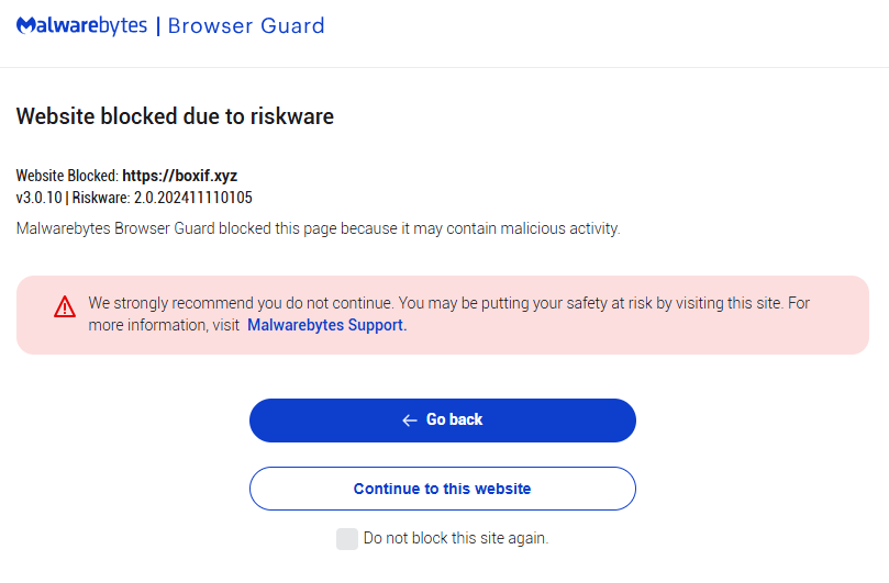 Malwarebytes blocks boxif.xyz