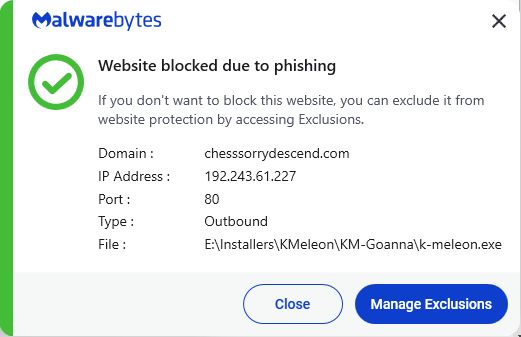 Malwarebytes blocks chesssorrydescend.com