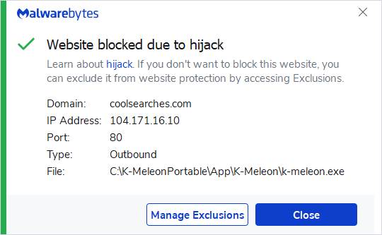 Malwarebytes blocks coolsearches.com