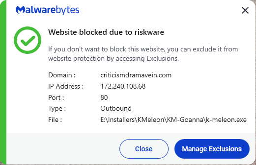 Malwarebytes blocks criticismdramavein.com