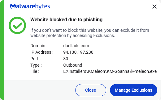 Malwarebytes blocks dacllads.com