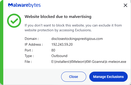 Malwarebytes blocks disclosestockingsprestigious.com