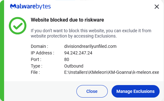 Malwarebytes blocks divisiondrearilyunfiled.com