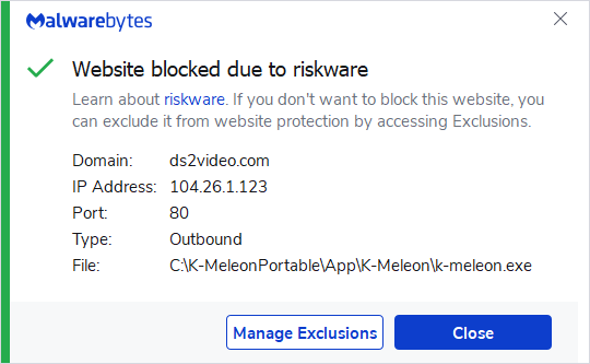 Malwarebytes blocks ds2video.com