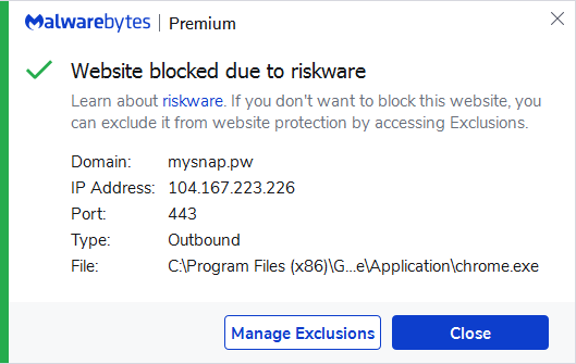 Malwarebytes blocks mysnap.pw