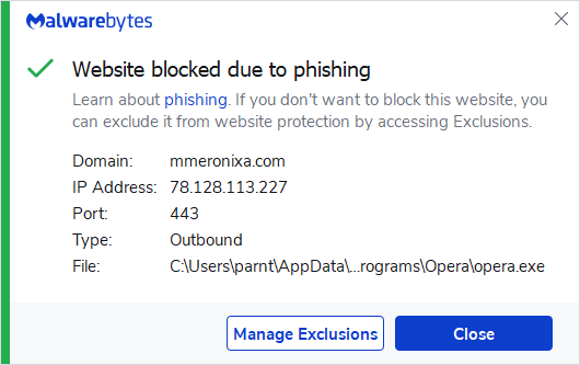Malwarebytes blocks mmeronixa.com