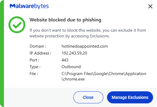 Malwarebytes blocks hotlinedisappointed.com