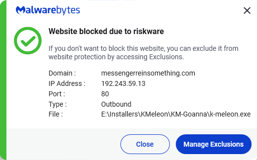 Malwarebytes blocks messengerreinsomething.com