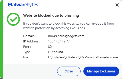 Malwarebytes blocks box49.nerdsgadgets.com