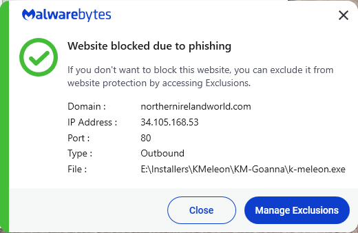 Malwarebytes blocks northernirelandworld.com