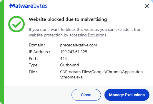Malwarebytes blocks precedelaxative.com