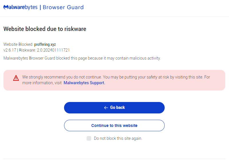 Malwarebytes blocks proffering.xyz