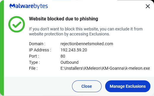 Malwarebytes blocks rejectionbennetsmoked.com