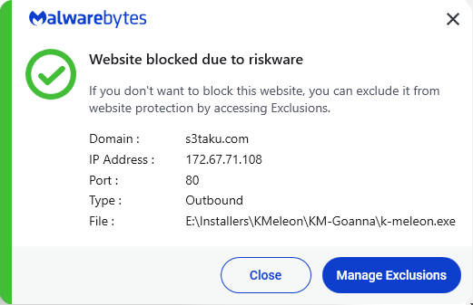 Malwarebytes blocks s3taku.com