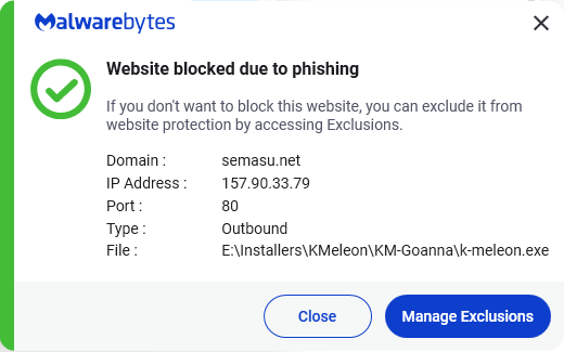 Malwarebytes blocks semasu.net