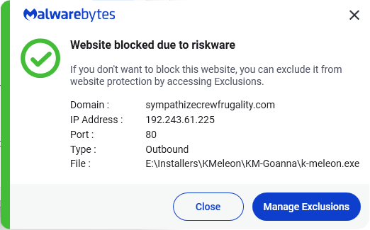 Malwarebytes blocks sympathizecrewfrugality.com