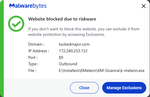 Malwarebytes blocks tuckedmajor.com
