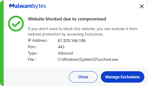 Malwarebytes blocks 67.205.166.198