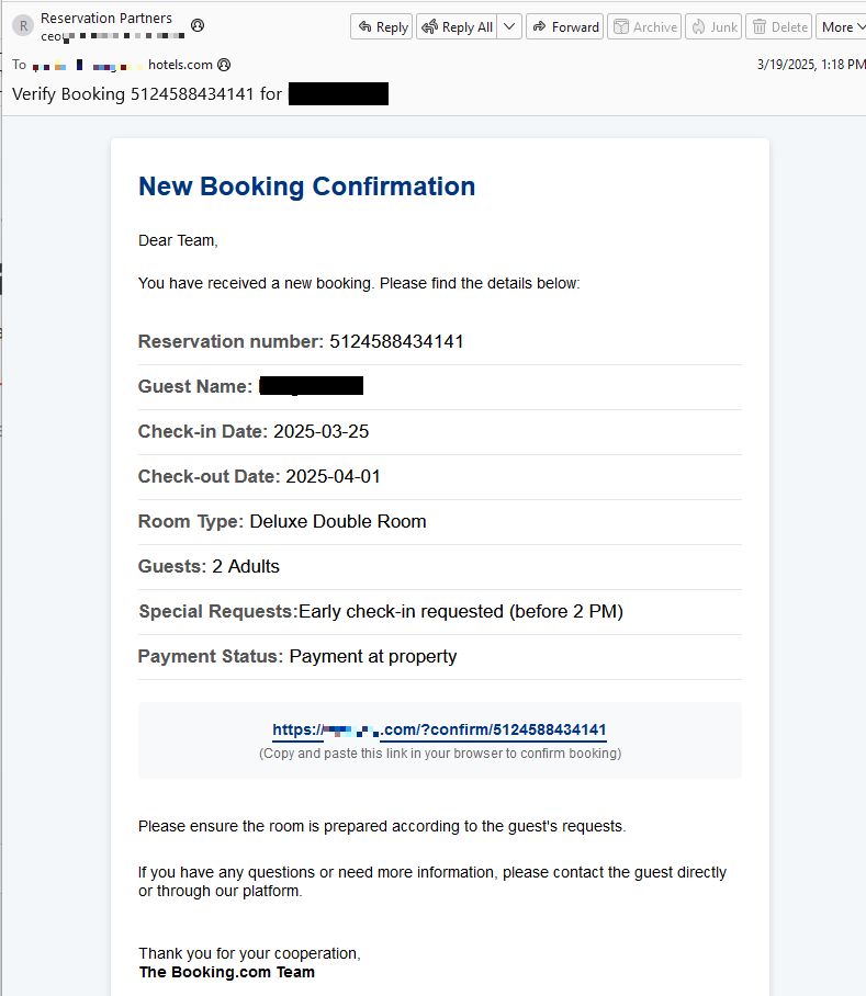 Fake booking.com confirmation email