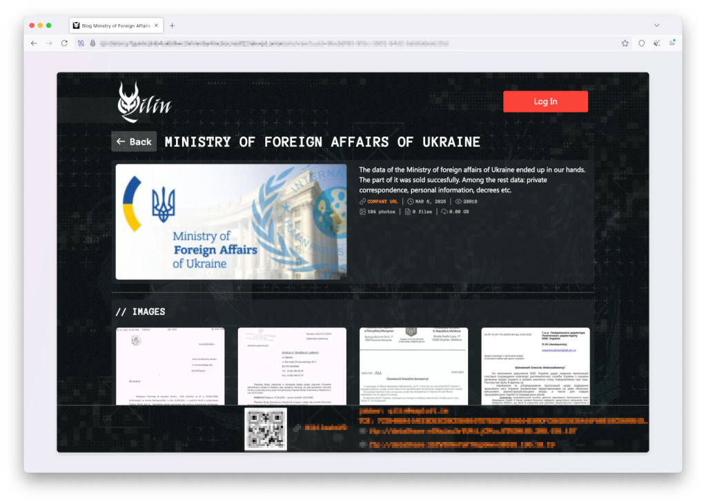The Ministry of Foreign Affairs of Ukraine is listed as a victim on the Qilin dark web site.