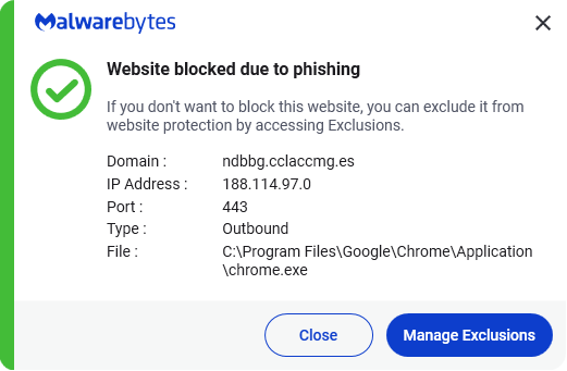 ThreatDown detects ndbbG.cclaccmg[.]es as a phishing URL.