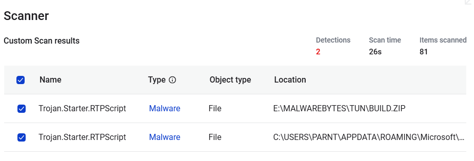 Malwarebytes detects Trojan.Starter.RTPScript