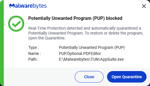 Malwarebytes blocks PUP.Optional.PDFEditor