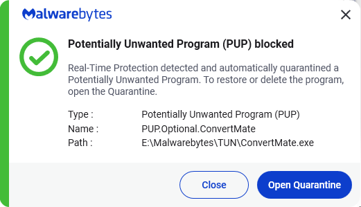 Malwarebytes blocks PUP.Optional.ConvertMate