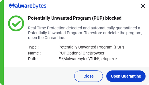 Malwarebytes blocks PUP.Optional.OneBrowser