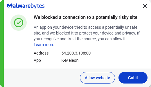 Malwarebytes blocks 54.208.3.108