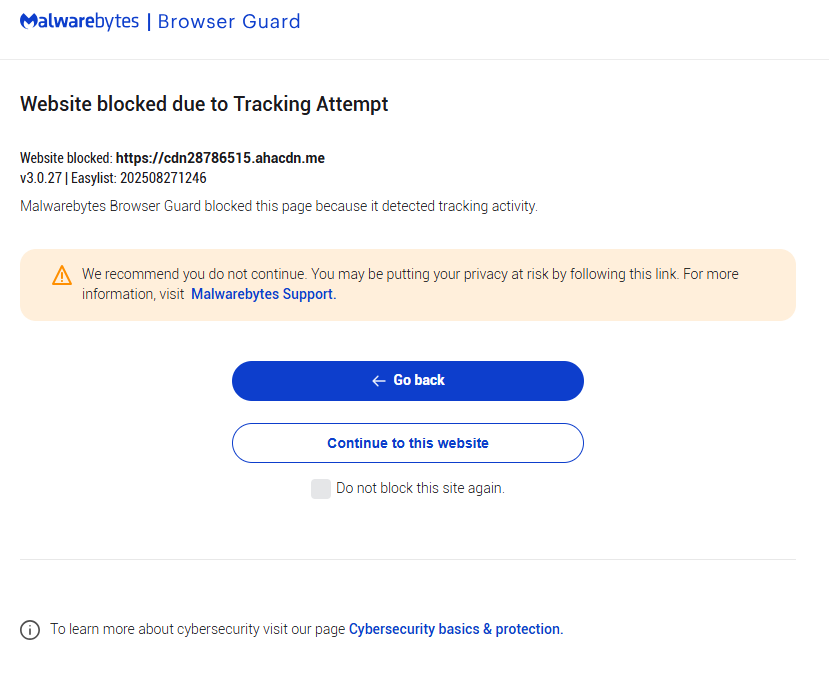 Malwarebytes Browser Guard blocks cdn28786515.ahacdn.me