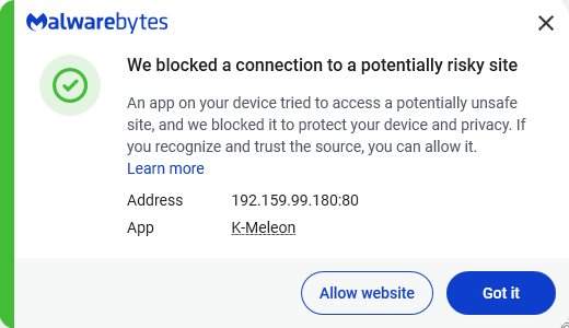Malwarebytes blocks 192.159.99.180