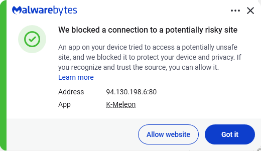Malwarebytes blocks 94.130.198.6