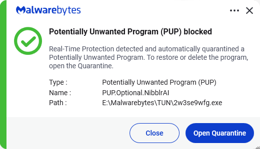 Malwarebytes blocks PUP.Optional.NibblrAI