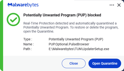 Malwarebytes blocks PUP.Optional.PulseBrowser