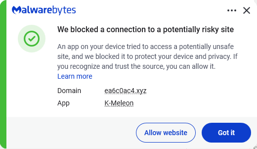Malwarebytes blocks ea6c0ac4.xyz