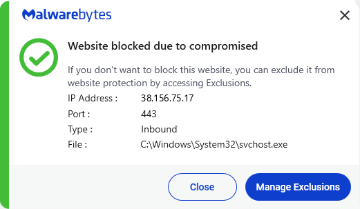 Malwarebytes blocks 38.156.75.17