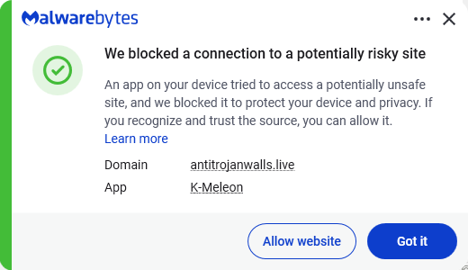 Malwarebytes blocks antitrojanwalls.live