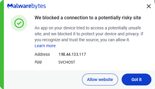 Malwarebytes blocks 198.44.133.117