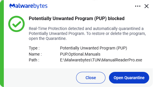Malwarebytes blocks PUP.Optional.Manuals