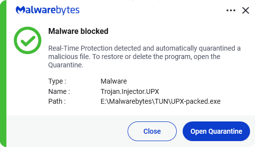 Malwarebytes blocks Trojan.Injector.UPX